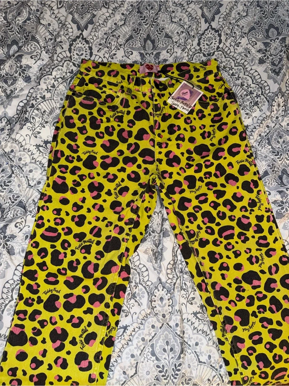 Teddy Fresh Neon Yellow Leopard Print Kids Jeans with Pink & Black Spots